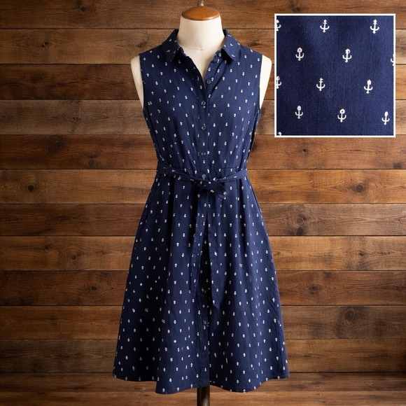 Chetta B Dresses & Skirts - Nautical Sleeveless Shirt Dress 12 Nautical Anchor Print Cotton Midi Navy Blue